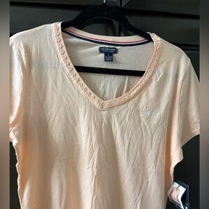 U.S. Polo Assn. Women's Light Peach V-Neck Tee with Lace Trim